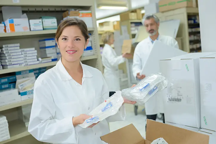 woman with medical device packaging
